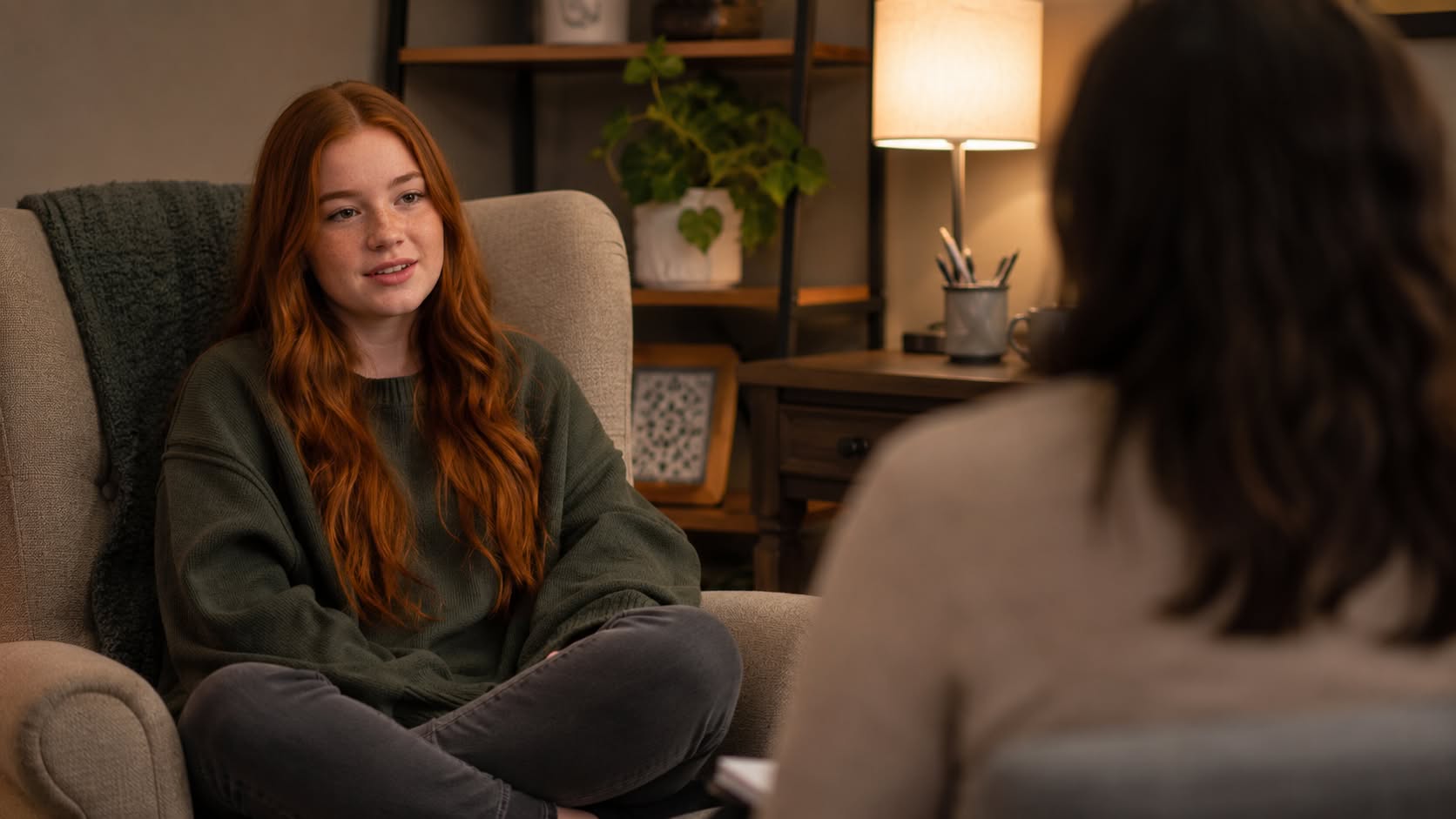 Teen in a comfortable first counseling session at Davis-Smith Mental Health in New Lenox, IL