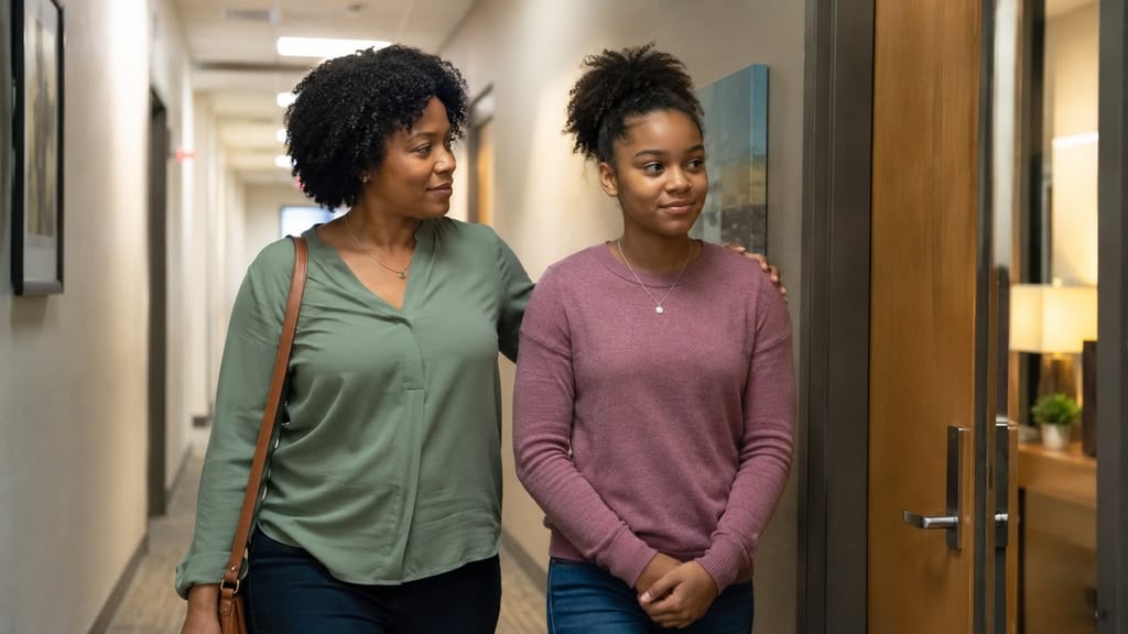 Parent and teen arriving together for a first counseling session in New Lenox, IL