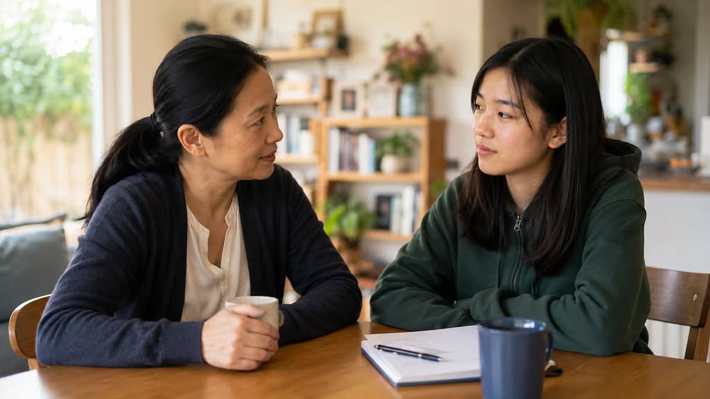 parent and teen having a calm conversation about how to get your teen to go to therapy