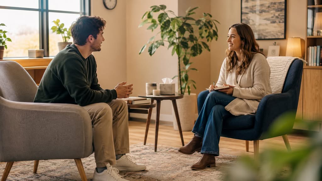 life transitions counseling therpaist client in modern office