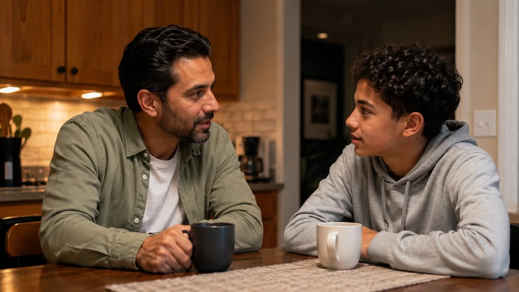 Parent and teen having a calm conversation about coping skills for teens after Davis-Smith Mental Health counseling appointment in New Lenox, IL