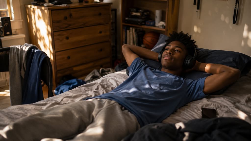 Teen practicing coping skills of listening to music after teen counseling in New Lenox, IL
