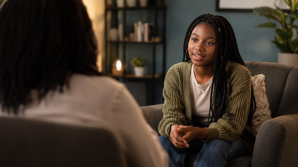 Teen in a teen therapy session, engaged and comfortable with a counselor in New Lenox, IL