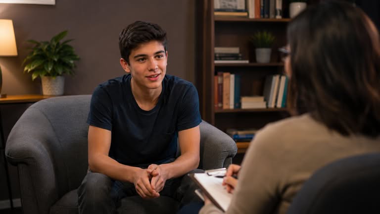 Teen sitting comfortably in a teen therapy session with a counselor at Davis-Smith Mental Health in New Lenox, IL