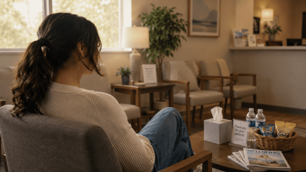 A young adult woman sitting in a waiting room for counseling at Davis-Smith Mental Health in New Lenox, IL