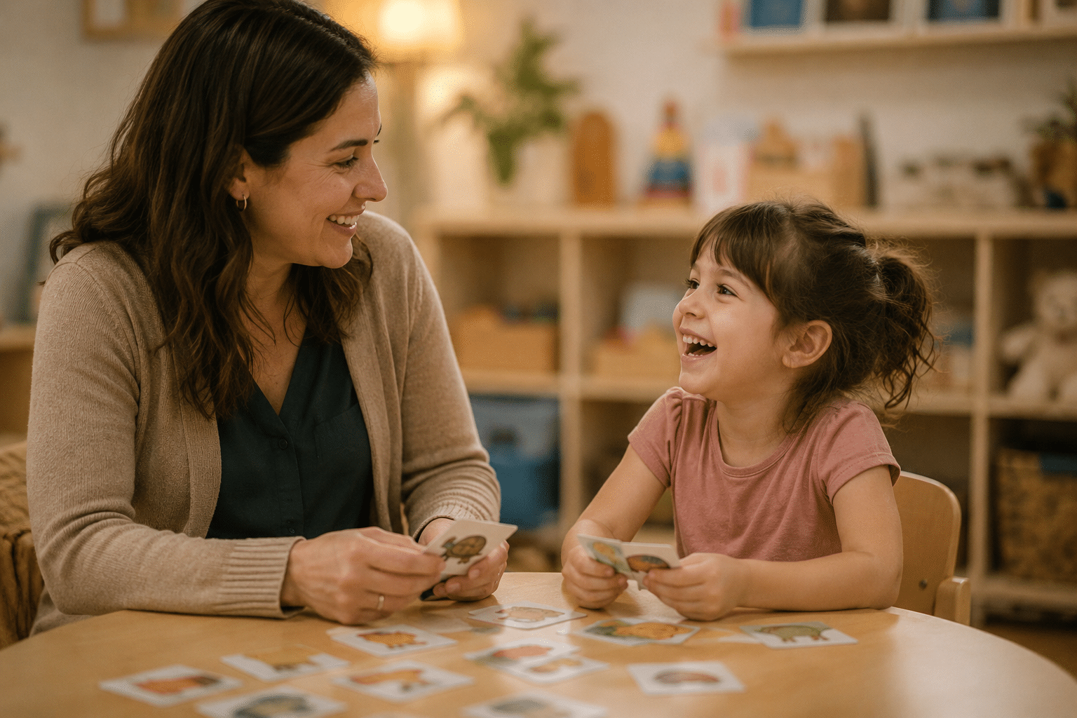 Female therapist and young child mid-laugh during a card game in a therapy office