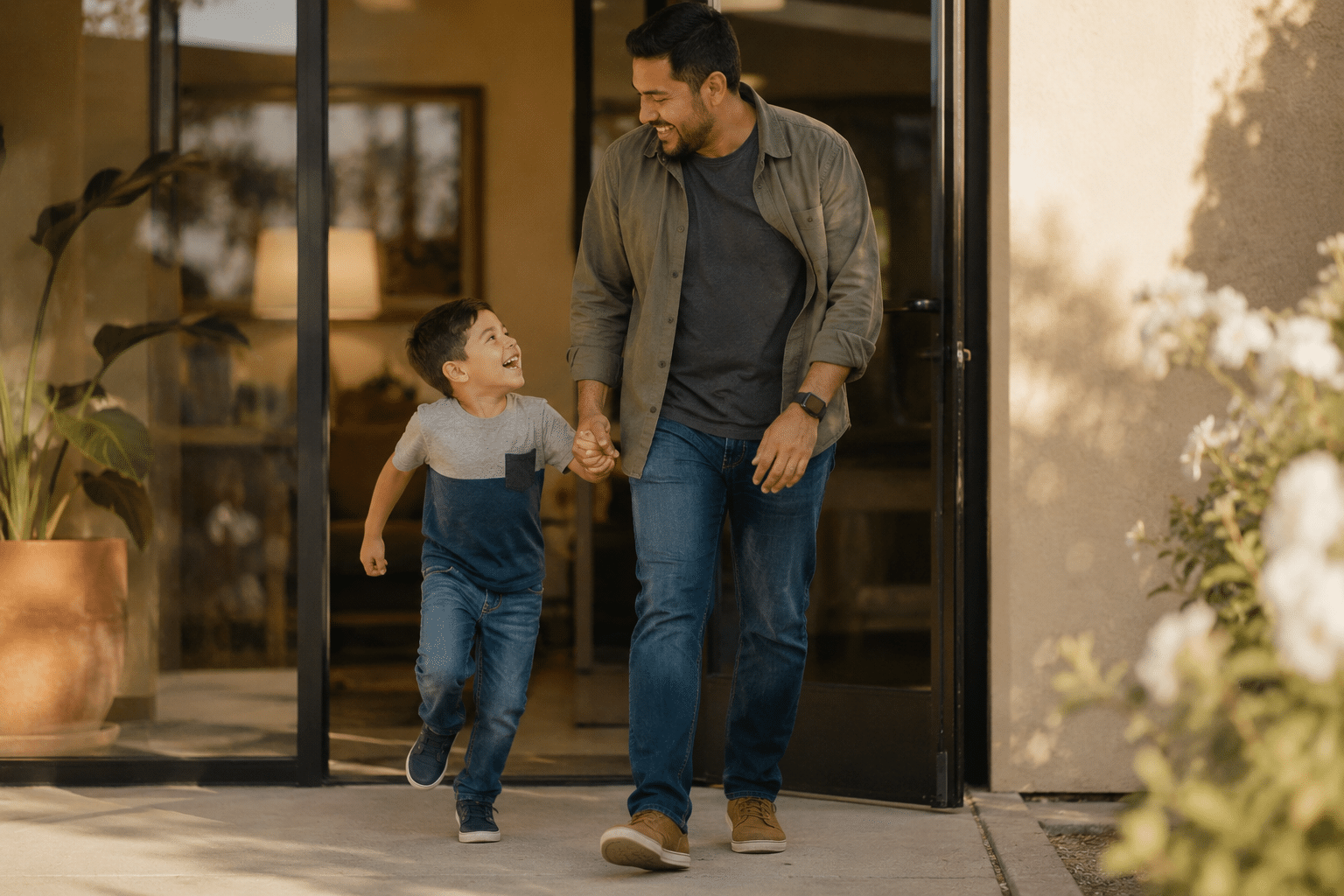 Father and young son happily walking out of a professional office building together