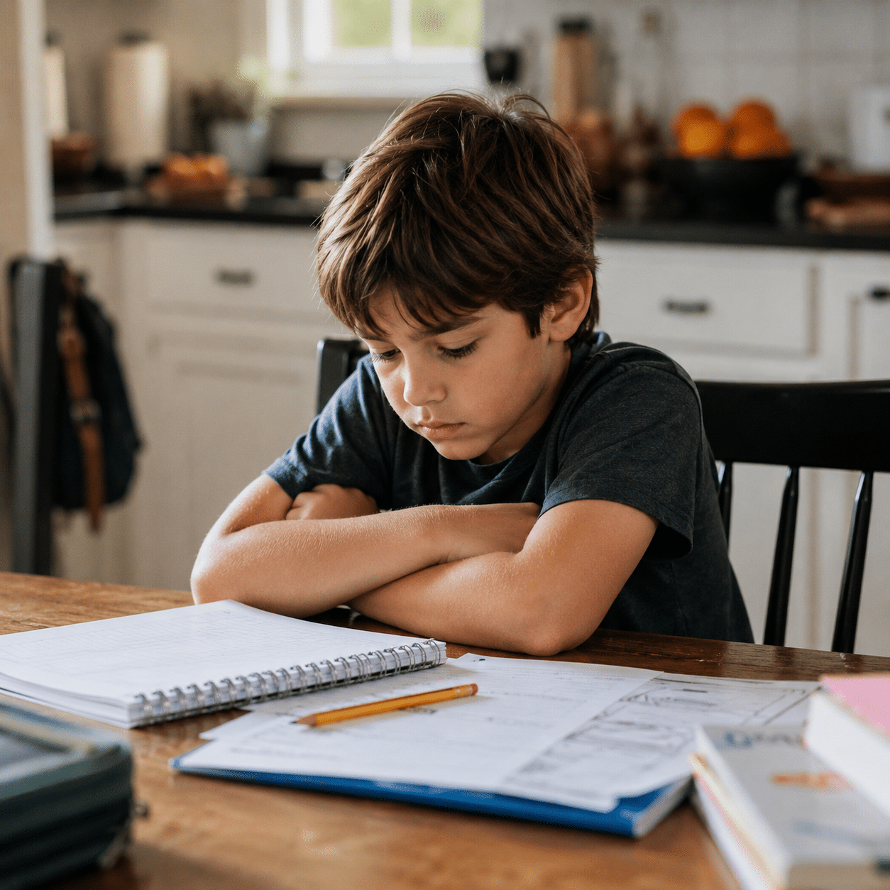 Young child sitting at a kitchen table with arms folded and a downcast expression, school papers spread in front of them