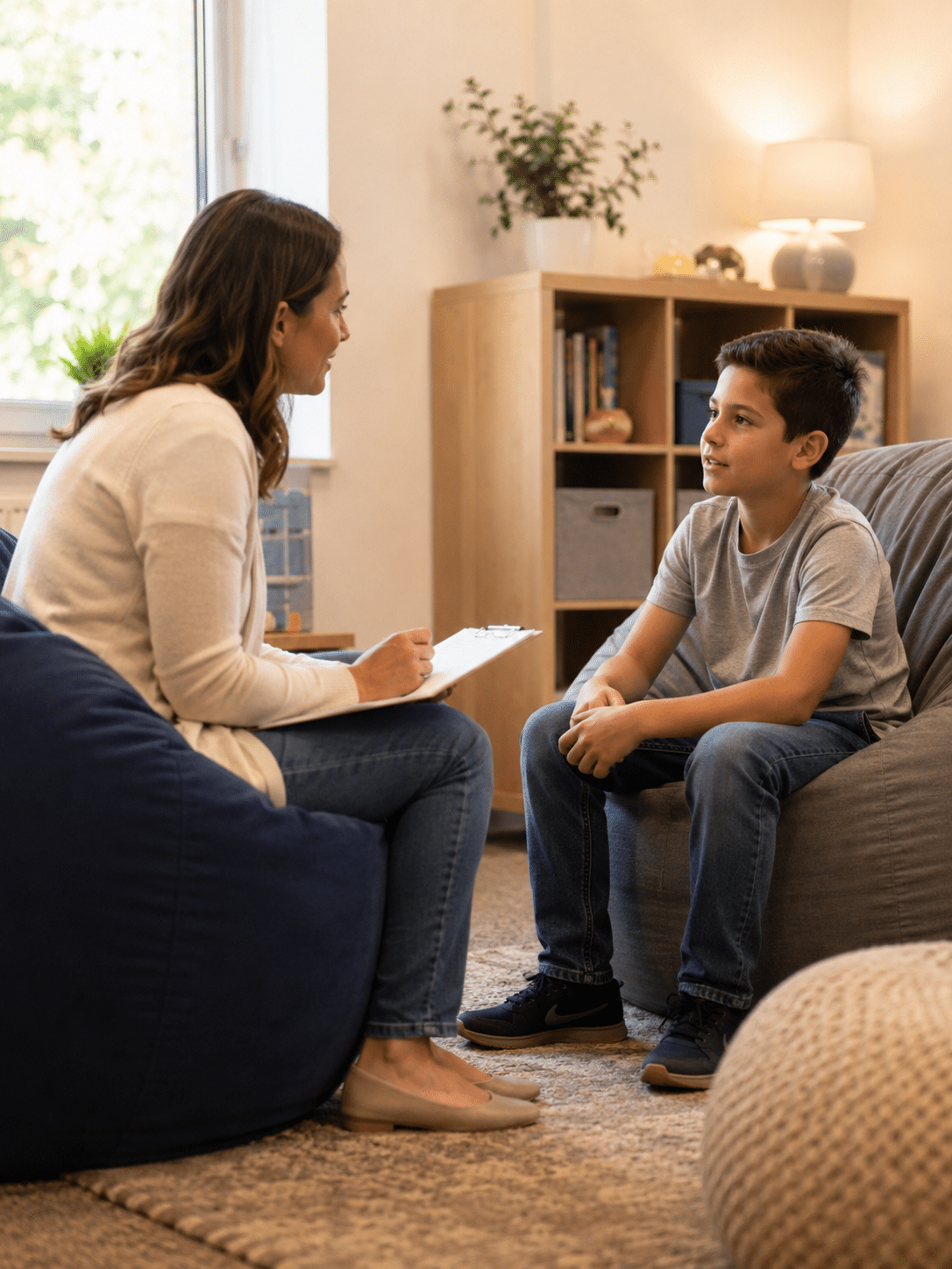Child therapist and school-age child seated on bean bag chairs in a cozy therapy office having a calm conversation