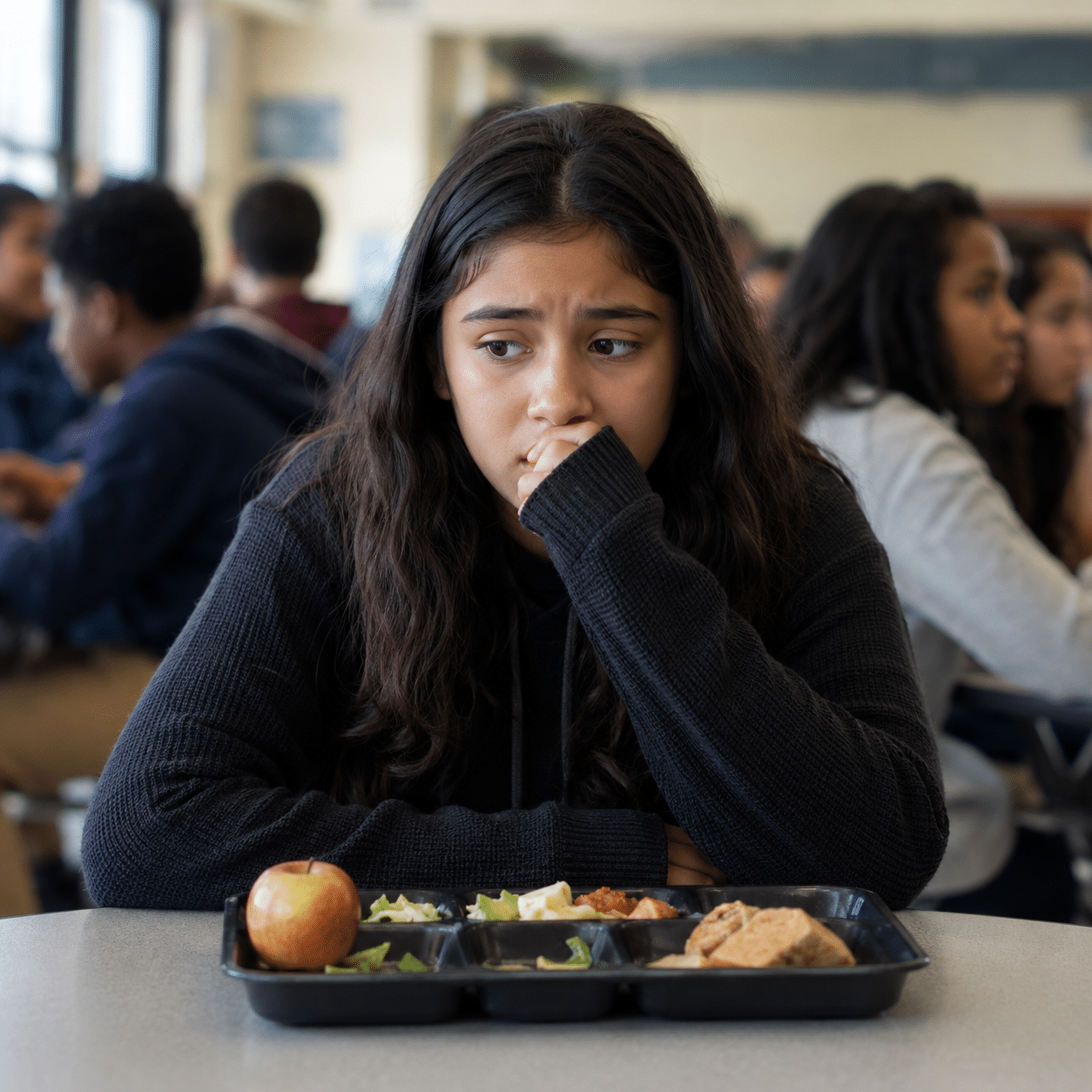 Young student sitting alone at a school cafeteria table looking anxious with a lunch tray in front of them