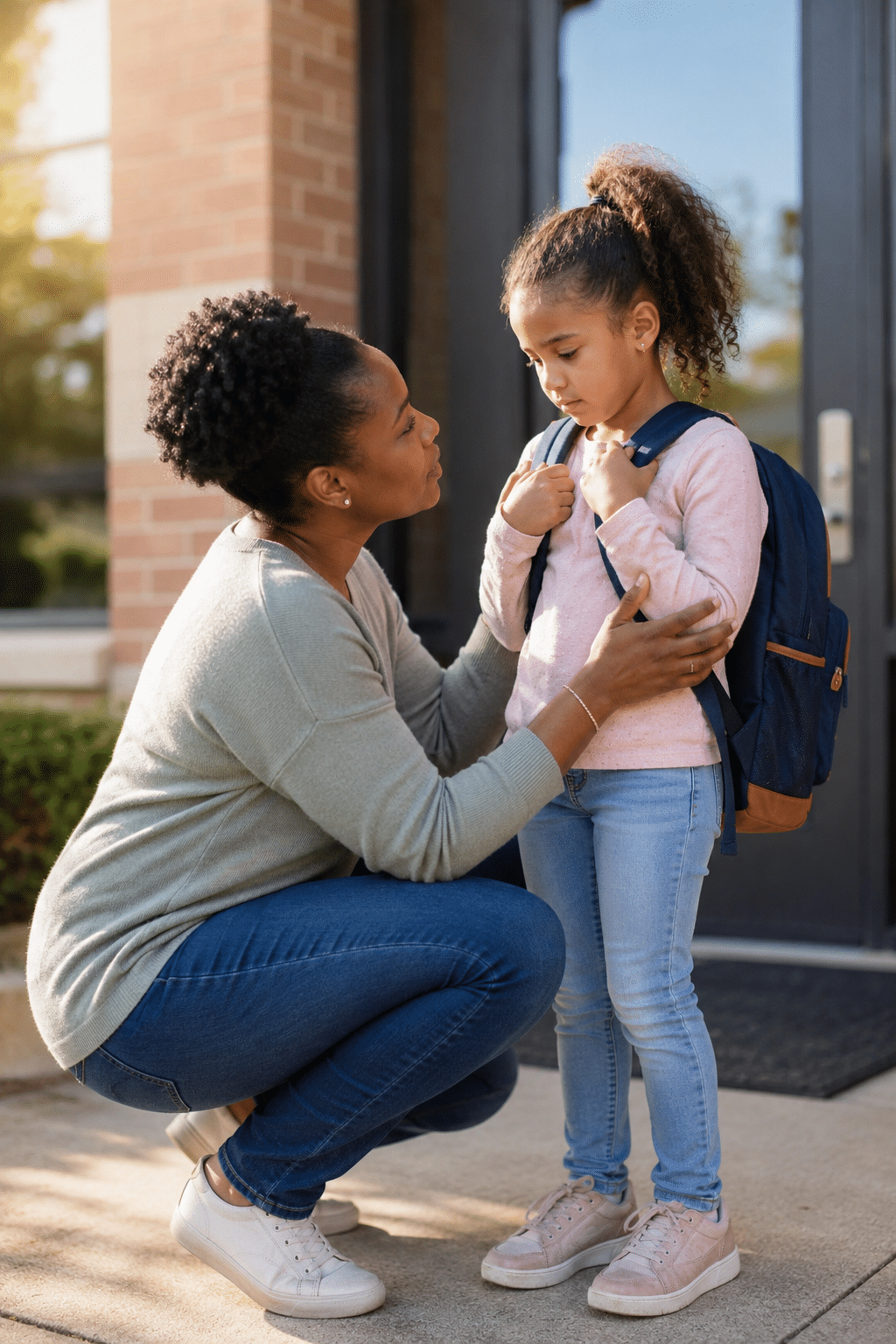 Parent crouching at a school entrance to comfort a hesitant child clutching a backpack in morning light