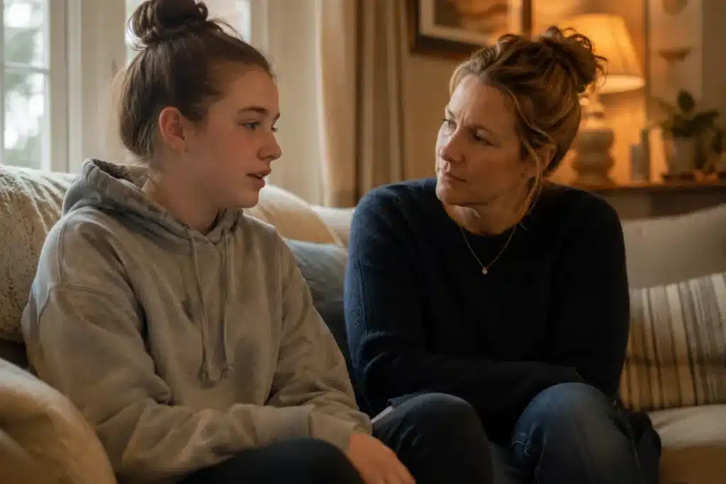 Mom and teen daughter talking on the couch at home in Joliet, IL