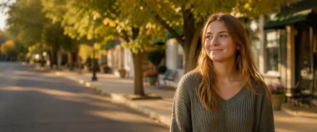 Teen girl walking on a tree-lined street in Mokena, IL