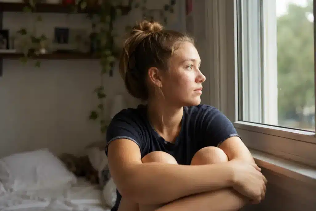 Teen girl sitting by a window, feeling the weight of high expectations