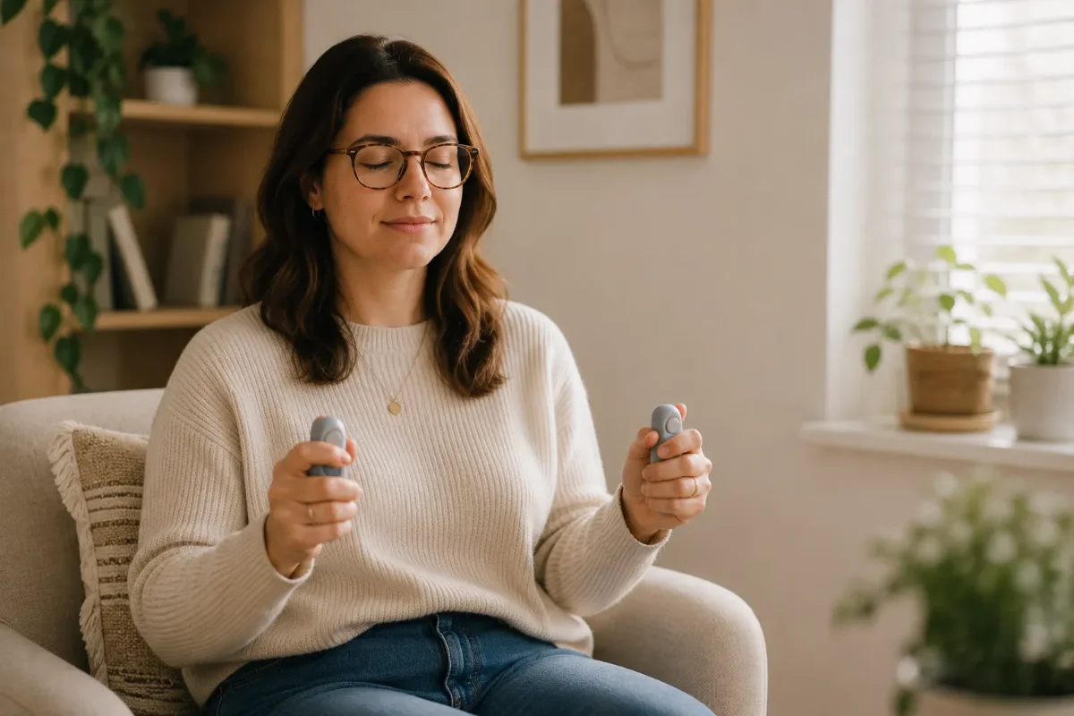 Client holding handheld tapping devices during a calm EMDR session for anxiety