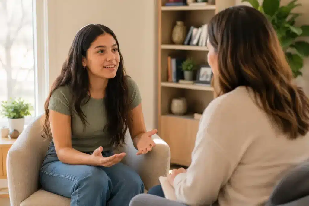 Teen girl opening up to her therapist during a session