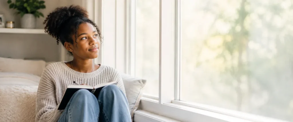 Teen girl sitting by a sunny window at home near Peotone, IL