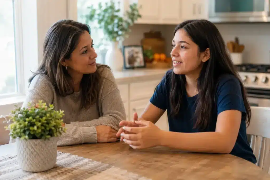 Mom and teen daughter talking at the kitchen table after a long day