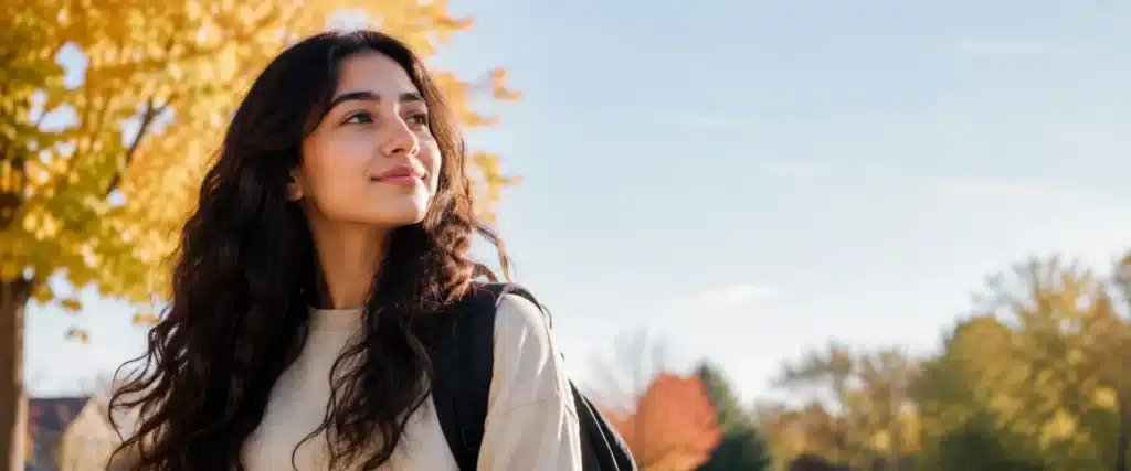 Teen girl smiling outside on an autumn afternoon in Orland Park, IL