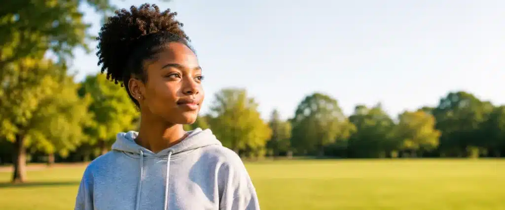 Teen girl relaxing in a sunny park in Tinley Park, IL