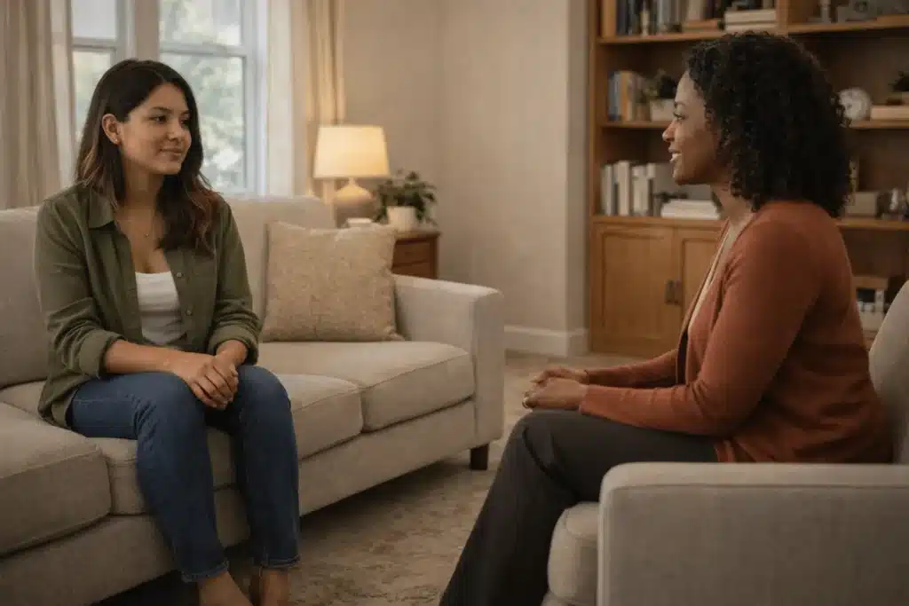 Woman talking with her therapist in a calm counseling office near Tinley Park, IL