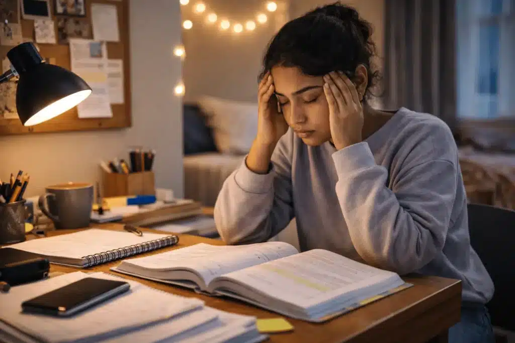 College student studying late at night, feeling the pressure to get it all right near Frankfort, IL