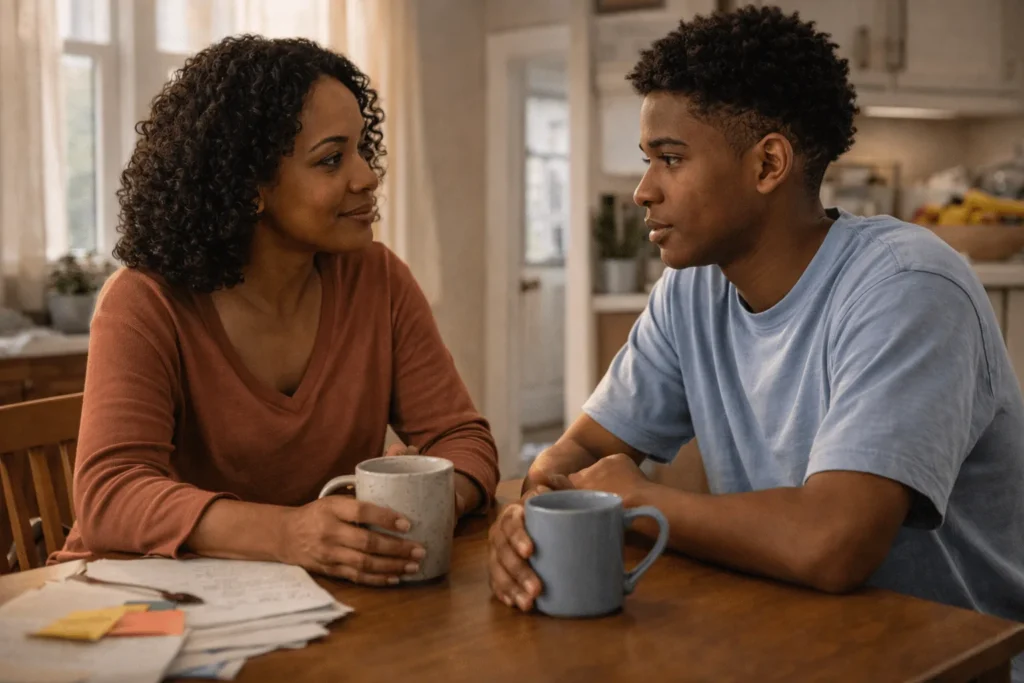 Mom and her college-age son talking over coffee at home near Joliet, IL