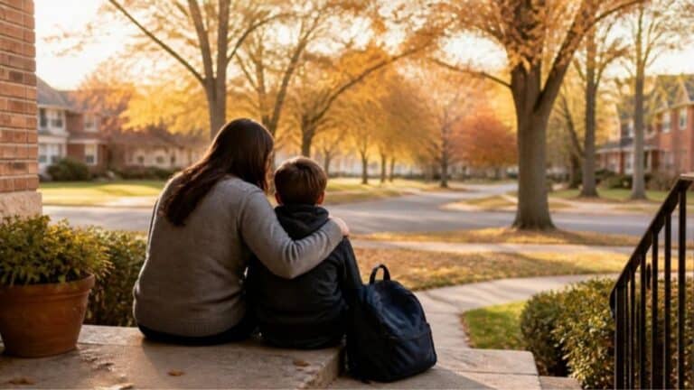 Mother and son talking on the front steps about school counselor vs therapist support, New Lenox, IL